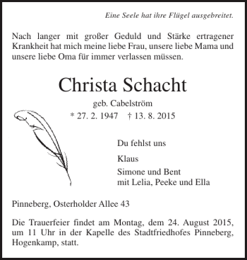 Traueranzeige von Christa Schacht von Pinneberger Tageblatt
