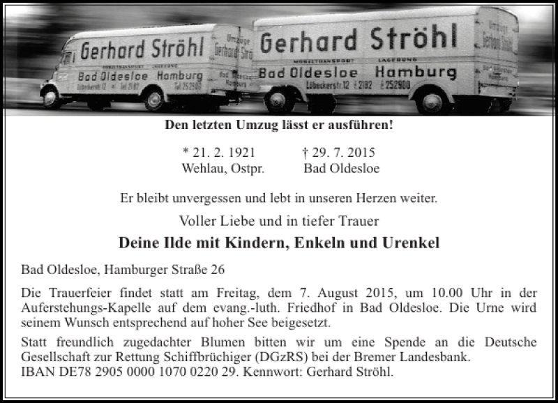  Traueranzeige für Gerhard Ströhl vom 01.08.2015 aus Stormarner Tageblatt
