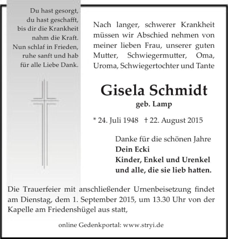  Traueranzeige für Gisela Schmidt vom 26.08.2015 aus Flensburger Tageblatt
