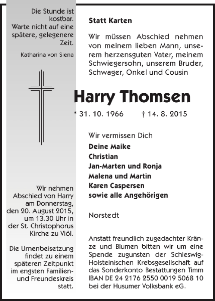  Traueranzeige für Harry Thomsen vom 17.08.2015 aus Husumer Nachrichten