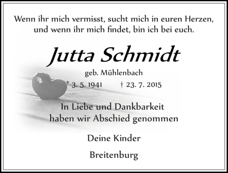 Traueranzeige für Jutta Schmidt vom 01.08.2015 aus Norddeutsche Rundschau