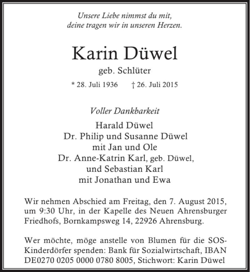  Traueranzeige für Karin Düwel vom 01.08.2015 aus Stormarner Tageblatt