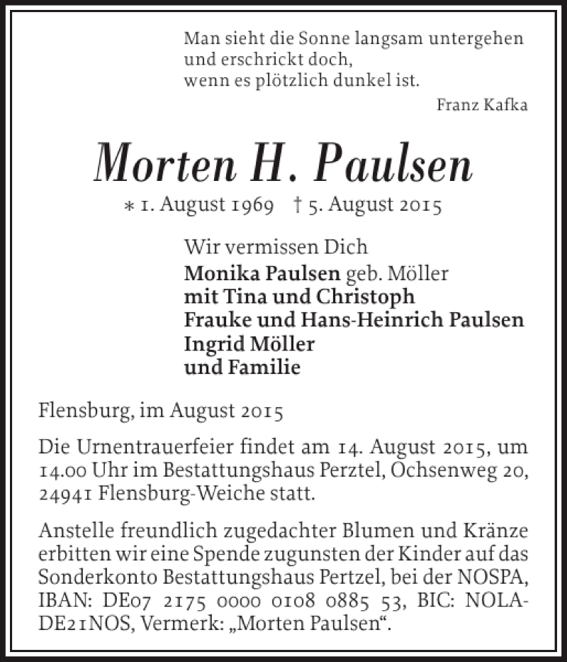  Traueranzeige für Morten H. Paulsen vom 12.08.2015 aus Flensburger Tageblatt