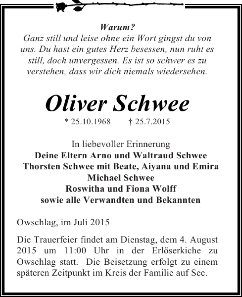  Traueranzeige für Oliver Schwee vom 01.08.2015 aus Landeszeitung