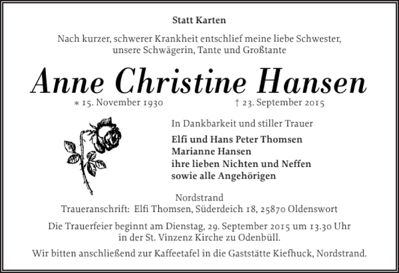  Traueranzeige für Anne Christine Hansen vom 26.09.2015 aus Husumer Nachrichten
