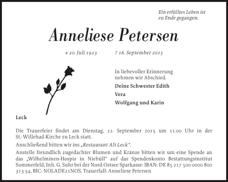  Traueranzeige für Anneliese Petersen vom 18.09.2015 aus Nordfriesland Tageblatt