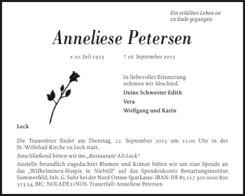 Traueranzeige von Anneliese Petersen von Nordfriesland Tageblatt