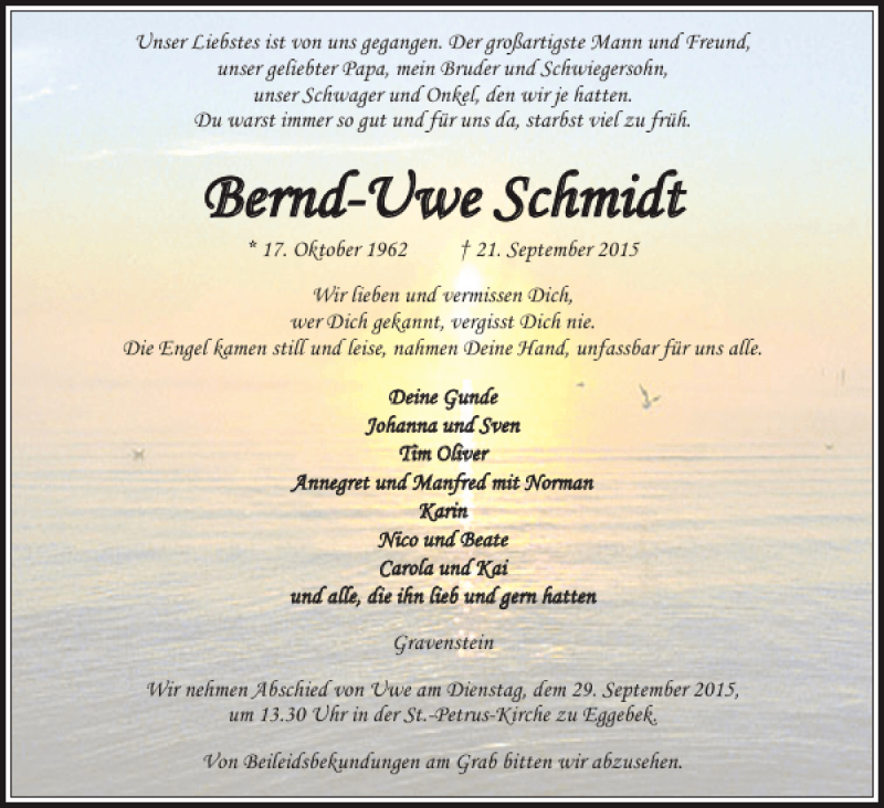  Traueranzeige für Bernd-Uwe Schmidt vom 25.09.2015 aus Flensburger Tageblatt