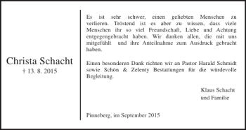 Traueranzeige von Christa Schacht von Pinneberger Tageblatt