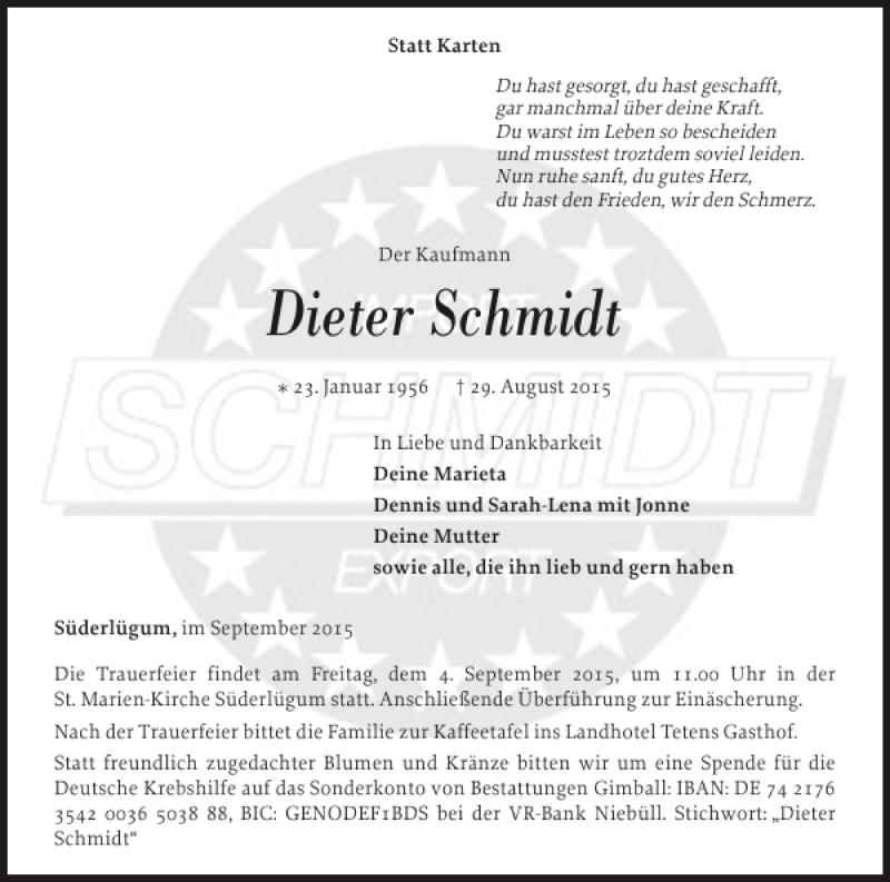  Traueranzeige für Dieter Schmidt vom 02.09.2015 aus Flensburger Tageblatt