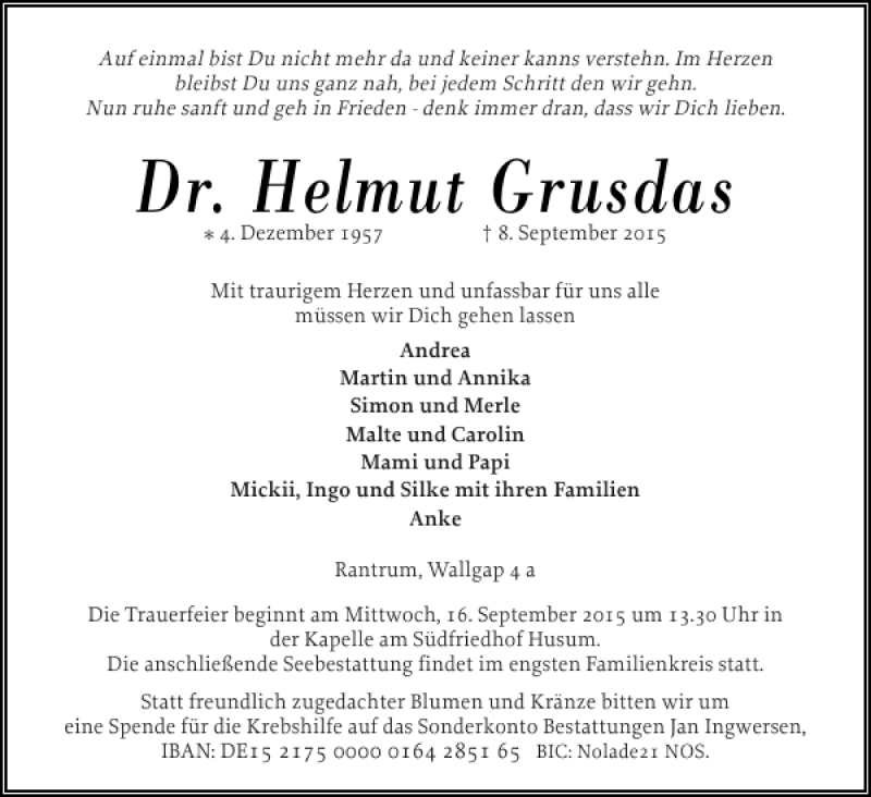  Traueranzeige für Dr. Helmut Grusdas vom 12.09.2015 aus Husumer Nachrichten