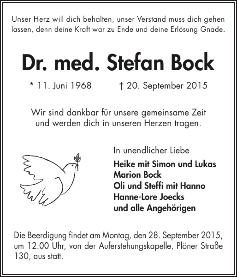 Traueranzeige für Dr. med. Stefan Bock vom 26.09.2015 aus Holsteinischer Courier