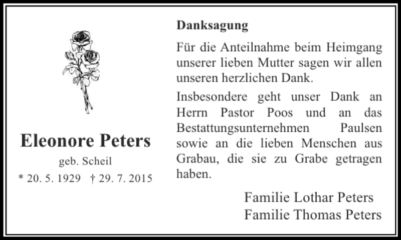  Traueranzeige für Eleonore Peters vom 05.09.2015 aus Stormarner Tageblatt