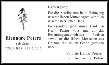 Traueranzeige von Eleonore Peters von Stormarner Tageblatt