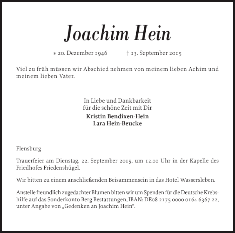  Traueranzeige für Joachim Hein vom 16.09.2015 aus Flensburger Tageblatt