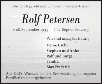 Traueranzeige von Rolf Petersen von Flensburger Tageblatt