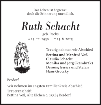 Traueranzeige von Ruth Schacht von Norddeutsche Rundschau
