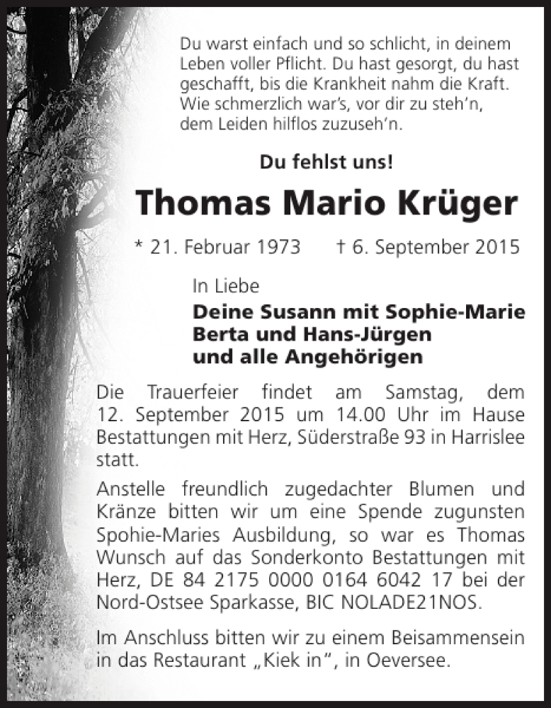  Traueranzeige für Thomas Mario Krüger vom 09.09.2015 aus Flensburger Tageblatt