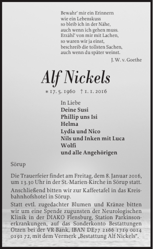  Traueranzeige für Alf Nickels vom 04.01.2016 aus Flensburger Tageblatt