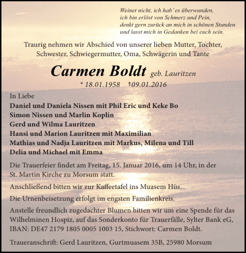  Traueranzeige für Carmen Boldt vom 13.01.2016 aus Sylter Rundschau