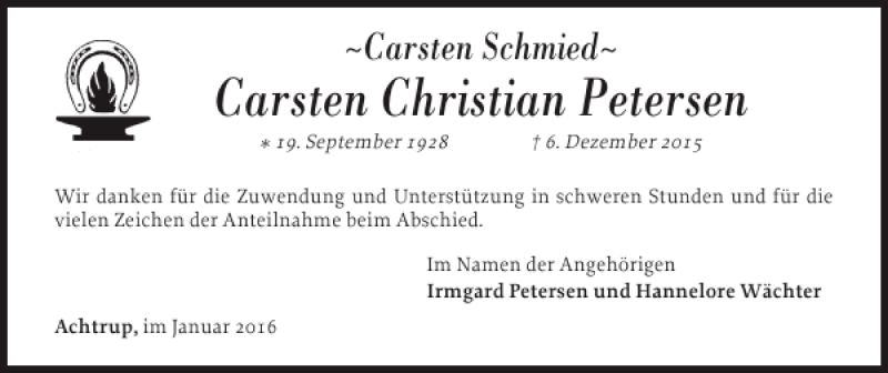  Traueranzeige für Carsten Christian Petersen vom 09.01.2016 aus Nordfriesland Tageblatt