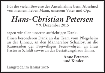 Traueranzeige von Hans-Christian Petersen von Flensburger Tageblatt
