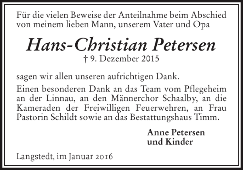 Traueranzeige für Hans-Christian Petersen vom 16.01.2016 aus Flensburger Tageblatt