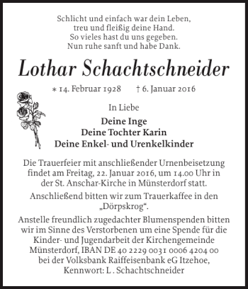 Traueranzeige von Lothar Schachtschneider von Norddeutsche Rundschau