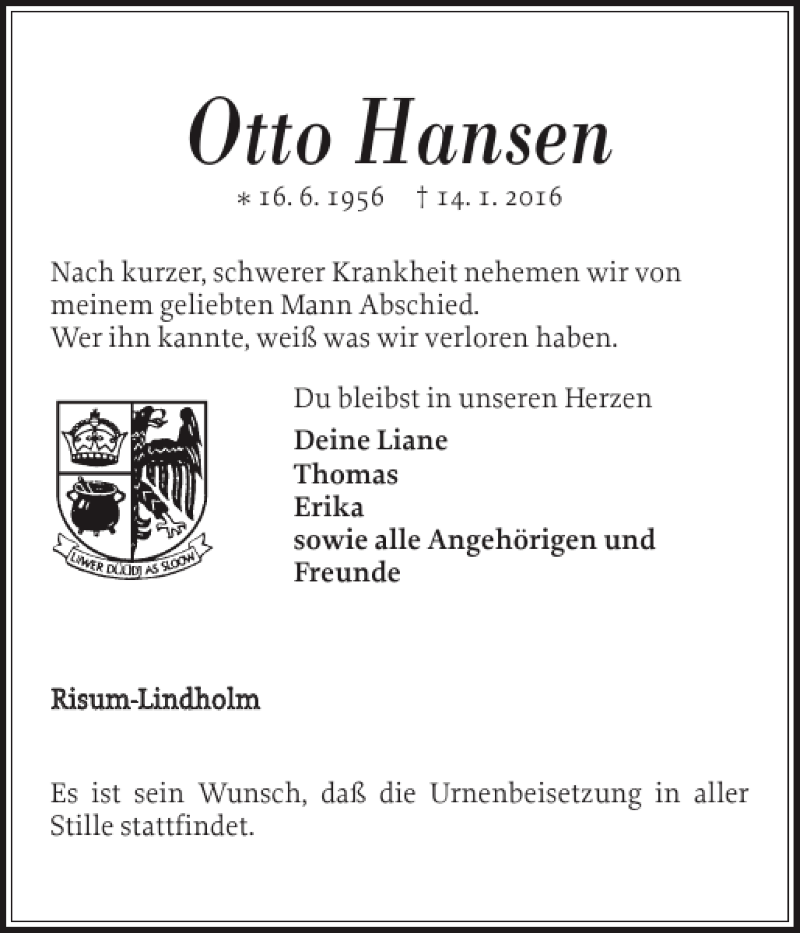  Traueranzeige für Otto Hansen vom 18.01.2016 aus Nordfriesland Tageblatt
