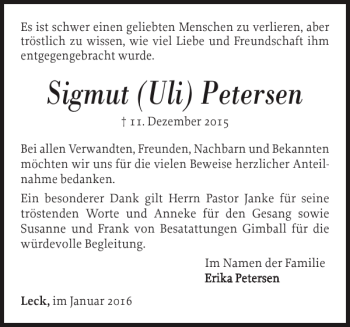 Traueranzeige von Sigmut Uli Petersen von Nordfriesland Tageblatt