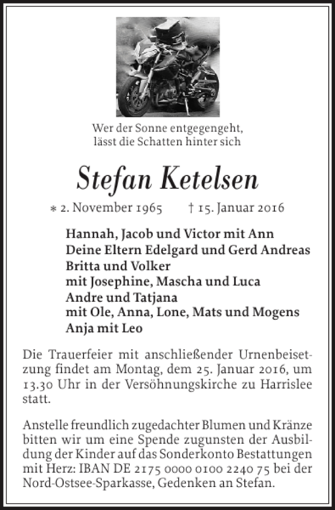  Traueranzeige für Stefan Ketelsen vom 21.01.2016 aus Flensburger Tageblatt
