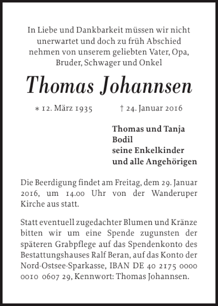  Traueranzeige für Thomas Johannsen vom 26.01.2016 aus Flensburger Tageblatt