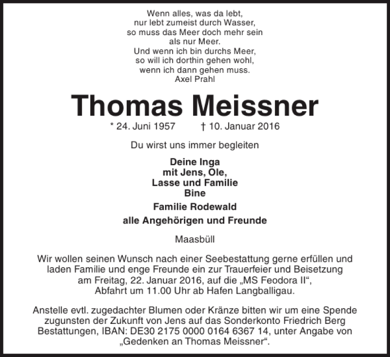  Traueranzeige für Thomas Meissner vom 15.01.2016 aus Flensburger Tageblatt