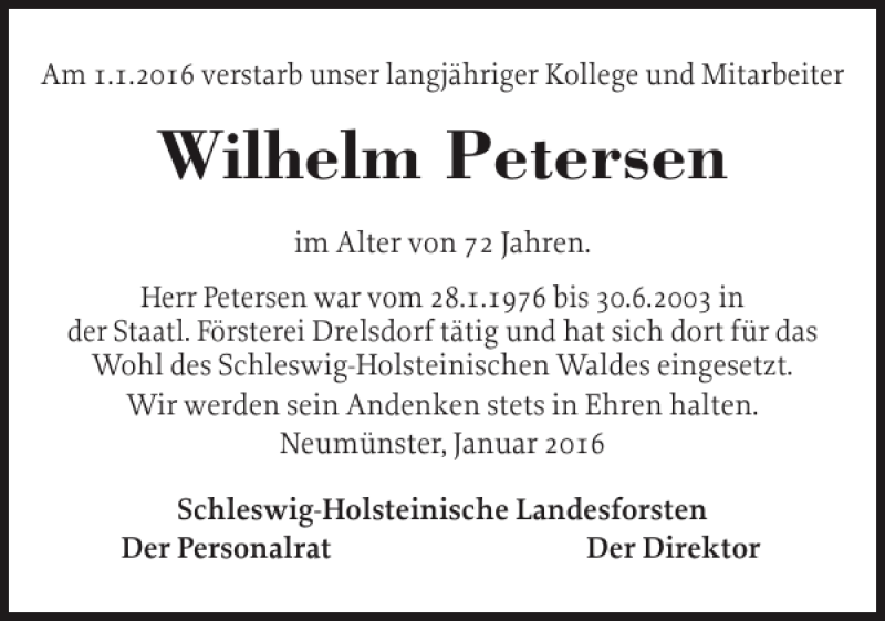  Traueranzeige für Wilhelm Petersen vom 16.01.2016 aus Husumer Nachrichten
