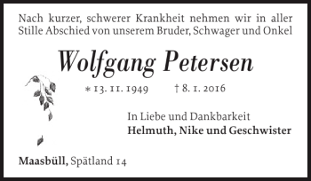 Traueranzeige von Wolfgang Petersen von Nordfriesland Tageblatt