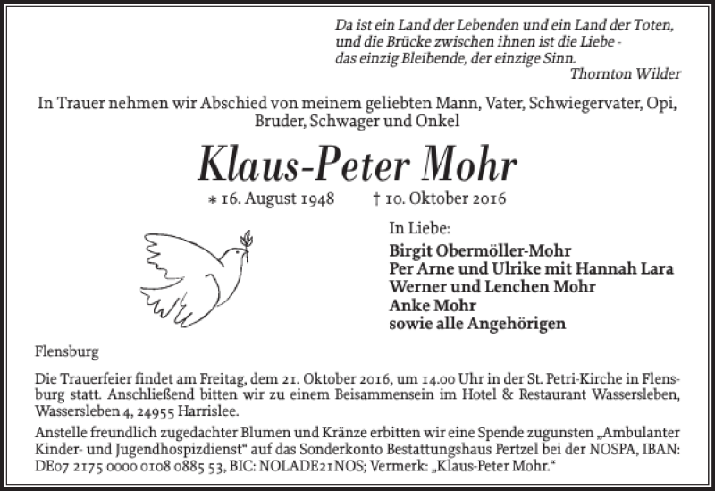  Traueranzeige für Klaus-Peter Mohr vom 15.10.2016 aus Flensburger Tageblatt