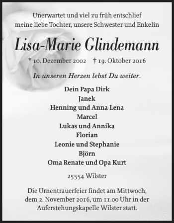 Traueranzeige von Lisa-Marie Glindemann von Norddeutsche Rundschau