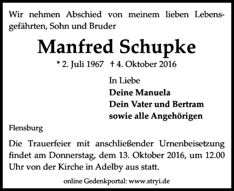  Traueranzeige für Manfred Schupke vom 08.10.2016 aus Flensburger Tageblatt