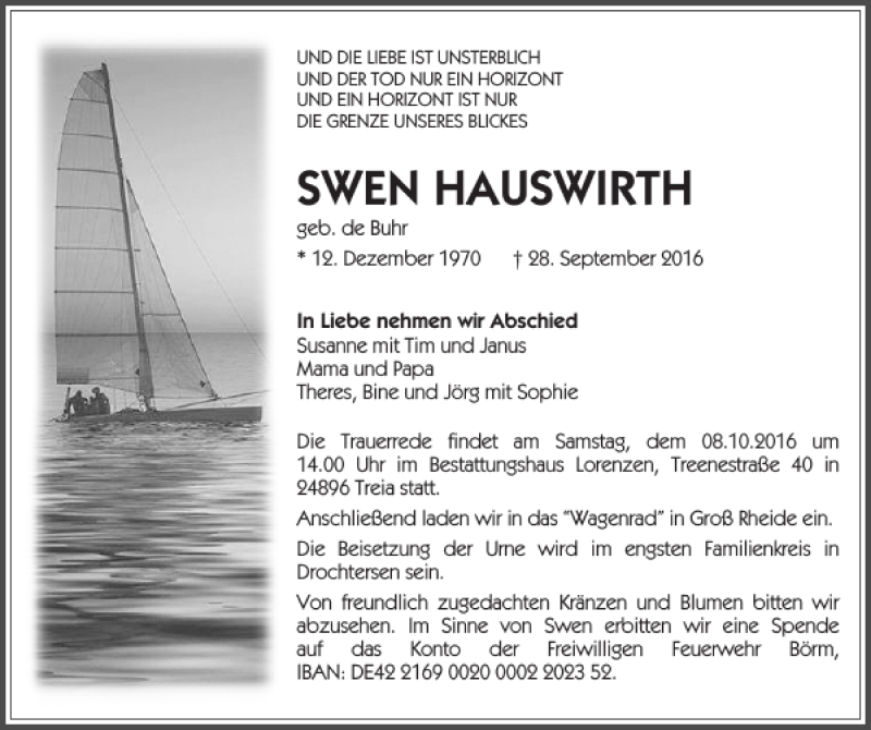  Traueranzeige für Swen Hauswirth vom 06.10.2016 aus Flensburger Tageblatt