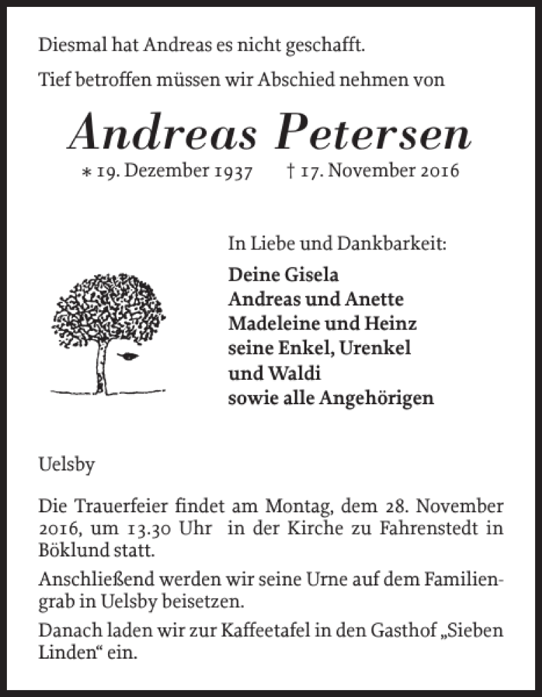  Traueranzeige für Andreas Petersen vom 19.11.2016 aus Schleswiger Nachrichten