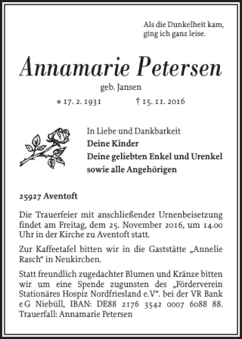 Traueranzeige von Annamarie Petersen von Nordfriesland Tageblatt
