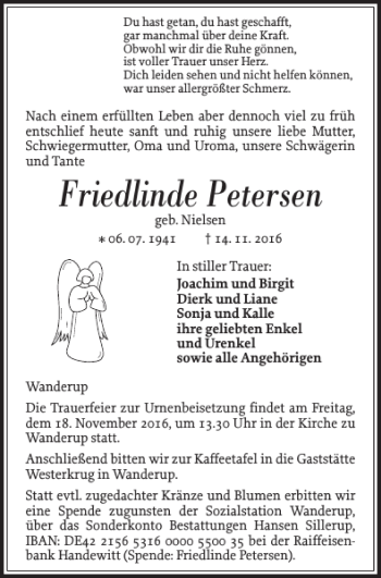 Traueranzeige von Friedlinde Petersen von Flensburger Tageblatt