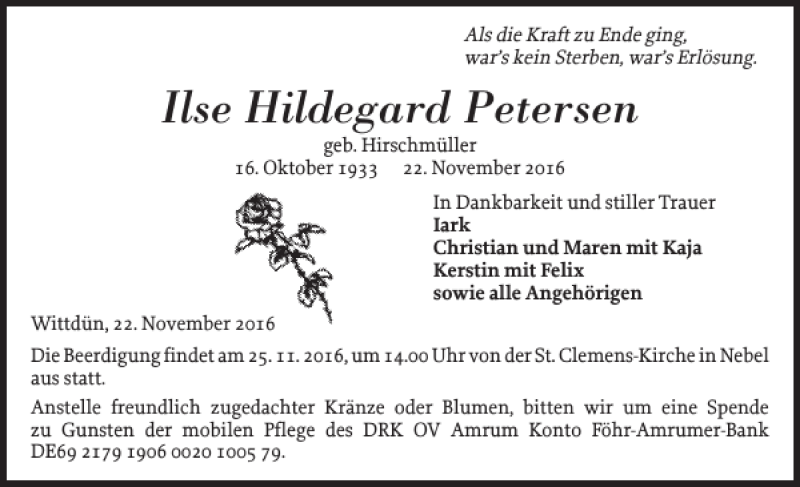  Traueranzeige für Ilse Hildegard Petersen vom 24.11.2016 aus Der Insel-Bote