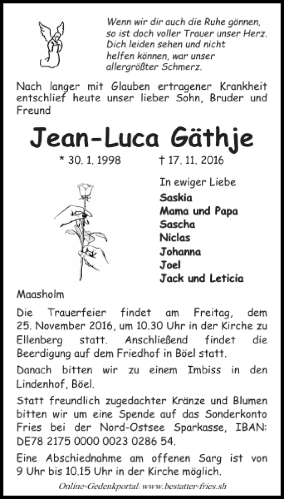  Traueranzeige für Jean-Luca Gäthje vom 21.11.2016 aus Flensburger Tageblatt