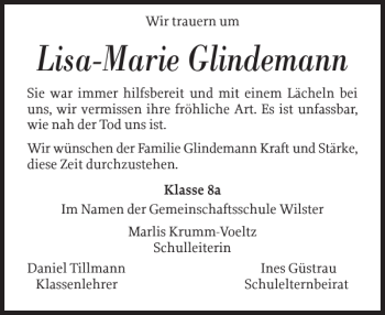 Traueranzeige von Lisa-marie Glindemann von Norddeutsche Rundschau