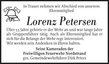 Traueranzeige von Lorenz Petersen von Husumer Nachrichten