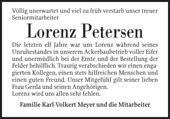 Traueranzeige von Lorenz Petersen von Husumer Nachrichten