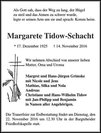 Traueranzeige von Margarete Tidow-schacht von Stormarner Tageblatt