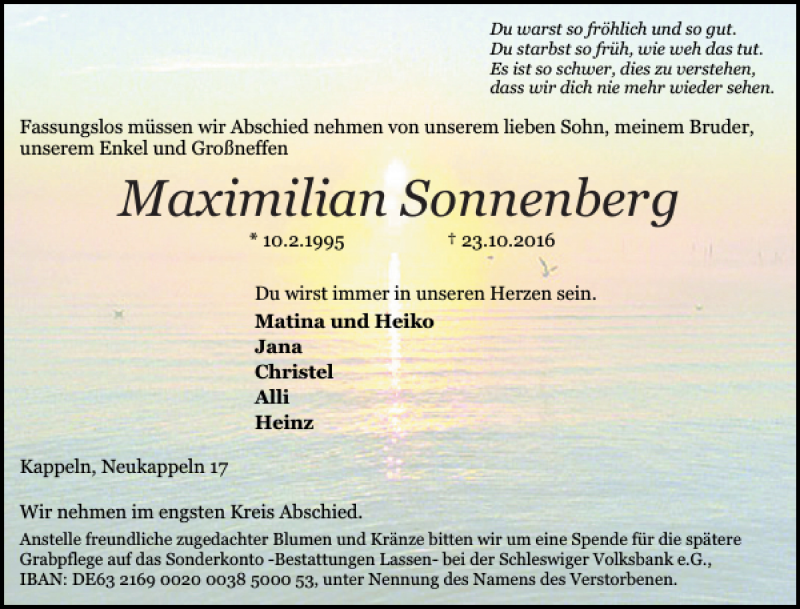  Traueranzeige für Maximilian Sonnenberg vom 05.11.2016 aus Schlei-Bote