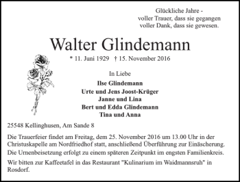 Traueranzeige von Walter Glindemann von Norddeutsche Rundschau